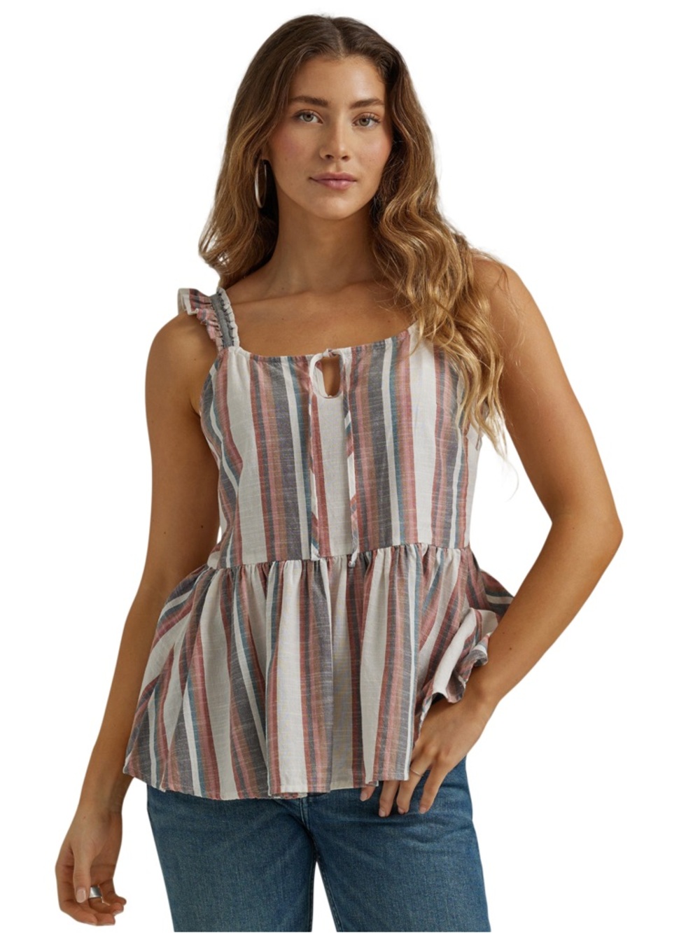 Wrangler Retro Striped Peplum Tank Top Ruffle Straps Cotton M Summer Prairie